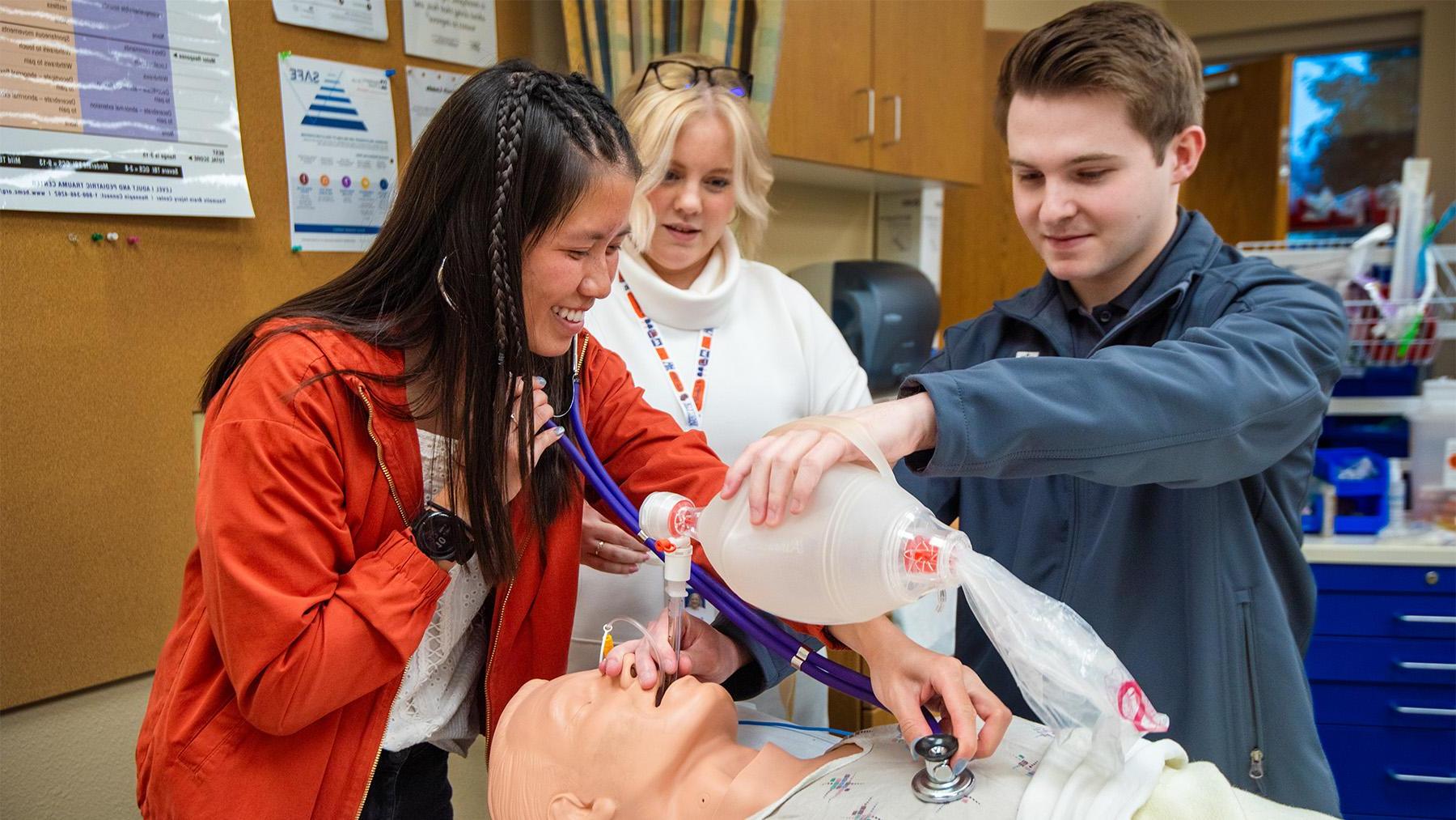 Students practicing in the respiratory therapy labs.